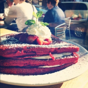 red velvet pancakes straight from the lords stove.